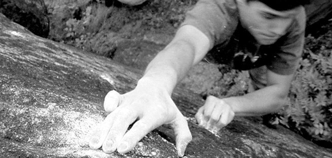 Black and white photo of bouldering in Duluth, Minnesota